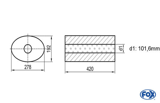FOX Uni-Schalldämpfer oval ohne Stutzen - Abwicklung 754 278x192mm, d1Ø 101,6mm außen - Länge: 420mm