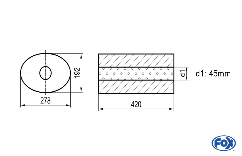 FOX Uni-Schalldämpfer oval ohne Stutzen - Abwicklung 754 278x192mm, d1Ø 45mm, Länge: 420mm