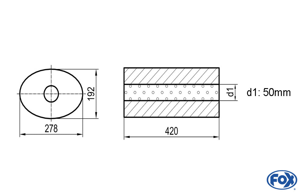 FOX Uni-Schalldämpfer oval ohne Stutzen - Abwicklung 754 278x192mm, d1Ø 50mm, Länge: 420mm