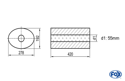 FOX Uni-Schalldämpfer oval ohne Stutzen - Abwicklung 754 278x192mm, d1Ø 55mm, Länge: 420mm