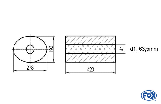 FOX Uni-Schalldämpfer oval ohne Stutzen - Abwicklung 754 278x192mm, d1Ø 63,5mm, Länge: 420mm