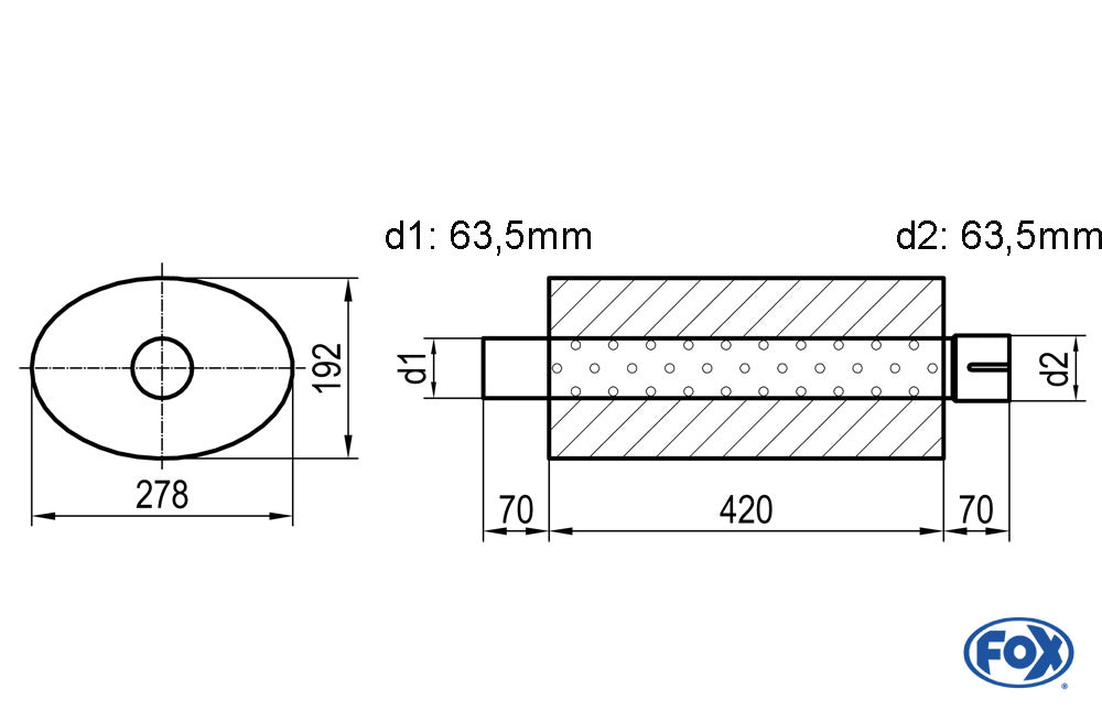 FOX Uni-Schalldämpfer oval mit Stutzen - Abwicklung 754 278x192mm, d1Ø 63,5mm  d2Ø 63,5mm, Länge: 420mm