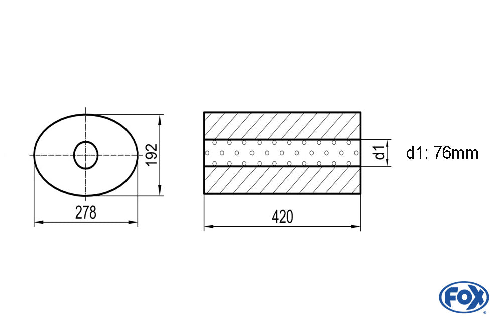 FOX Uni-Schalldämpfer oval ohne Stutzen - Abwicklung 754 278x192mm, d1Ø 76mm, Länge: 420mm