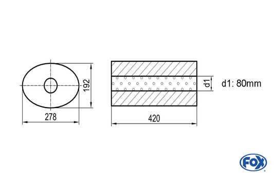 FOX Uni-Schalldämpfer oval ohne Stutzen - Abwicklung 754 278x192mm, d1Ø 80mm, Länge: 420mm
