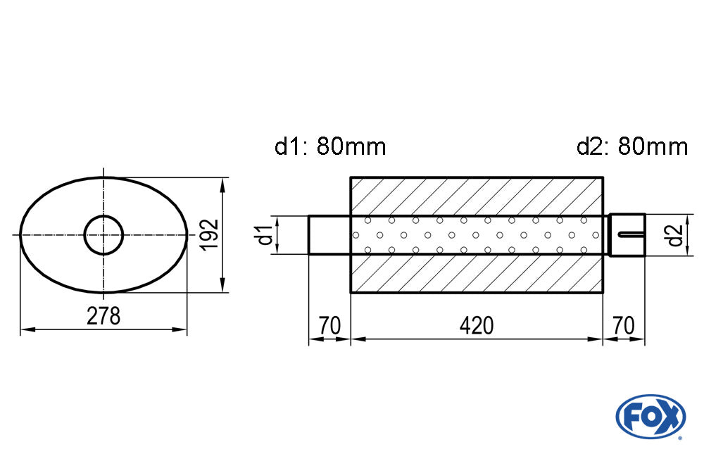 FOX Uni-Schalldämpfer oval mit Stutzen - Abwicklung 754 278x192mm, d1Ø 80mm  d2Ø 80mm, Länge: 420mm