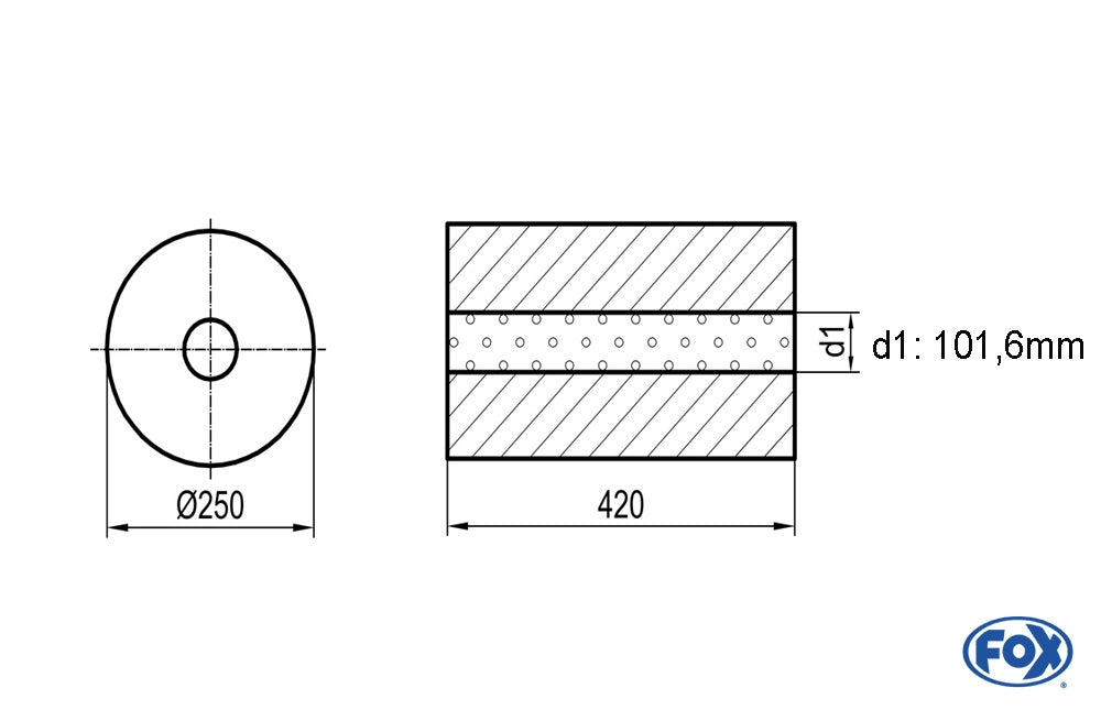 FOX Uni-Schalldämpfer rund ohne Stutzen - Abwicklung 784 Ø 250mm, d1: 101,6mm, Länge: 420mm