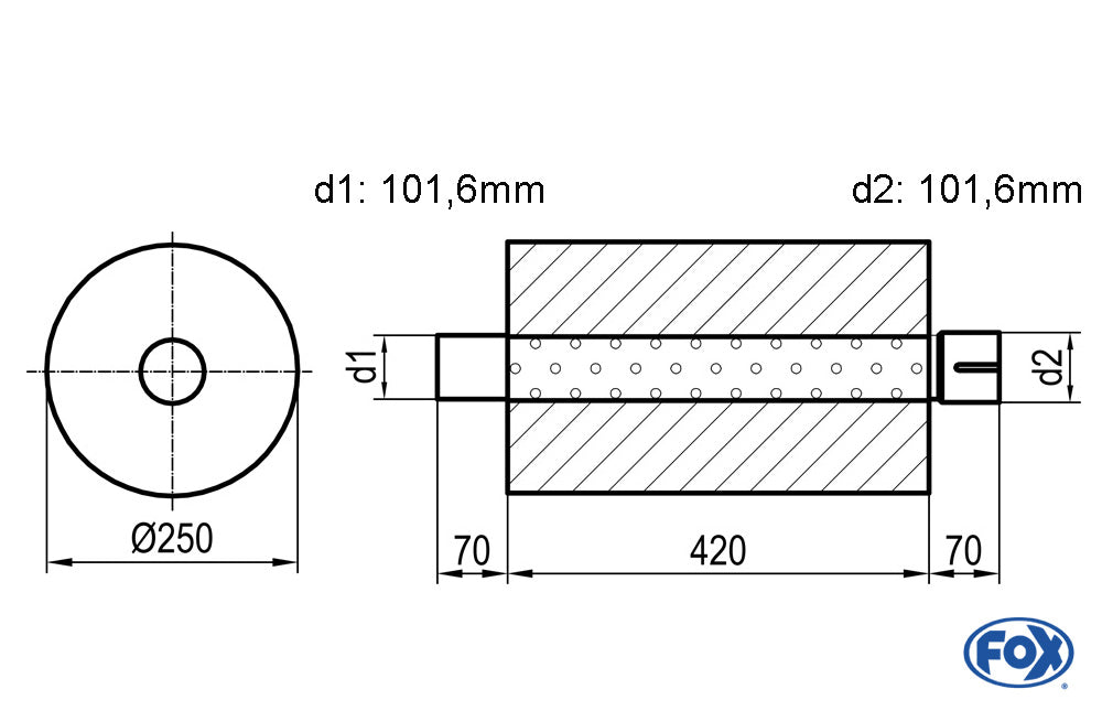 FOX Uni-Schalldämpfer rund mit Stutzen - Abwicklung 784 Ø 250mm, d1: 101,6mm, d2: 101,6mm innen -, Länge: 420mm