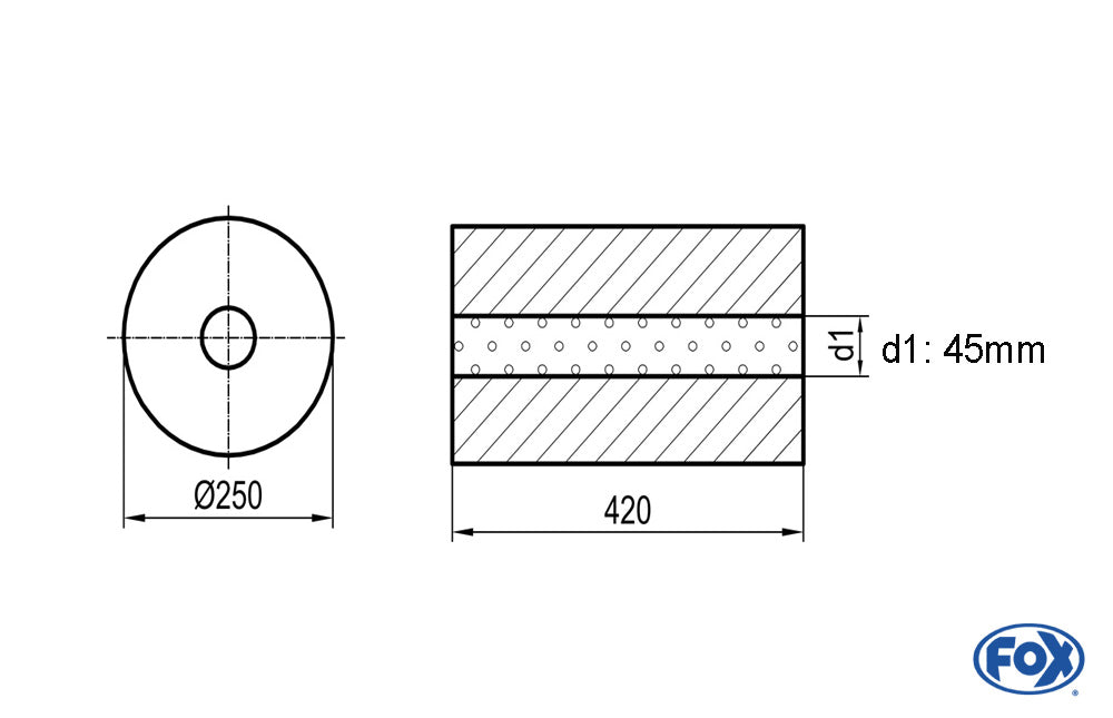 FOX Uni-Schalldämpfer rund ohne Stutzen - Abwicklung 784 Ø 250mm, d1: 45mm, Länge: 420mm