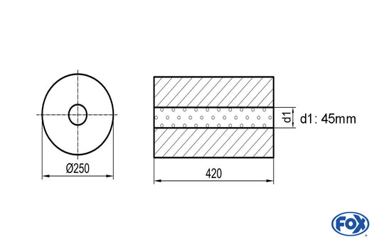 FOX Uni-Schalldämpfer rund ohne Stutzen - Abwicklung 784 Ø 250mm, d1: 45mm, Länge: 420mm