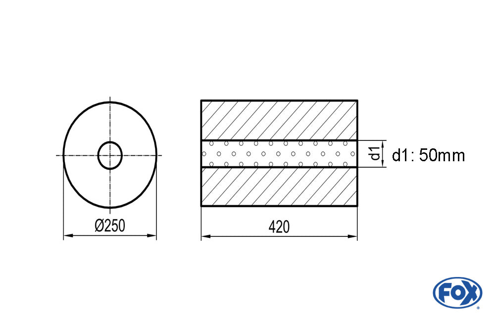 FOX Uni-Schalldämpfer rund ohne Stutzen - Abwicklung 784 Ø 250mm, d1: 50mm, Länge: 420mm