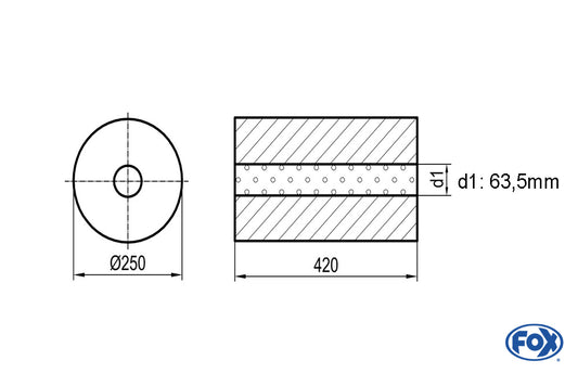 FOX Uni-Schalldämpfer rund ohne Stutzen - Abwicklung 784 Ø 250mm, d1: 63,5mm, Länge: 420mm