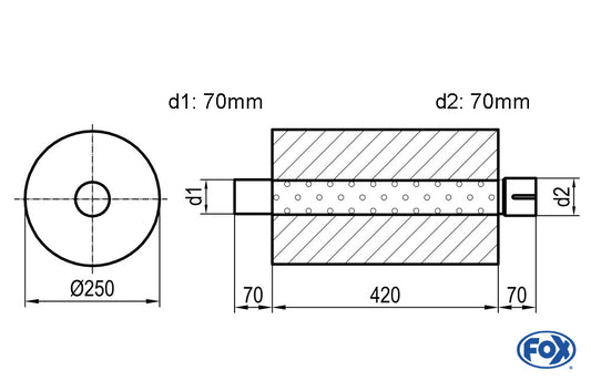 FOX Uni-Schalldämpfer rund mit Stutzen - Abwicklung 784 Ø 250mm, d1: 70mm, d2: 70mm innen - Länge: 420mm