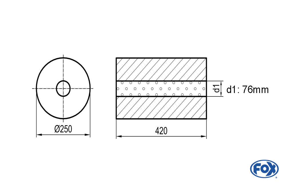 FOX Uni-Schalldämpfer rund ohne Stutzen - Abwicklung 784 Ø 250mm, d1: 76mm, Länge: 420mm