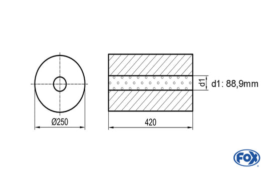 FOX Uni-Schalldämpfer rund ohne Stutzen - Abwicklung 784 Ø 250mm, d1: 88mm, Länge: 420mm