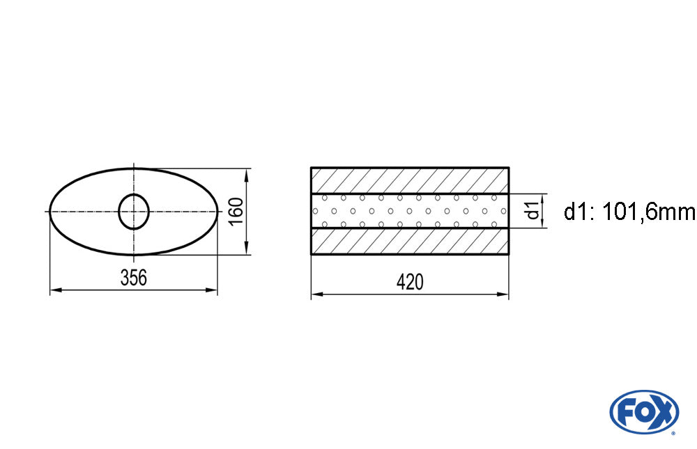 FOX Uni-Schalldämpfer oval ohne Stutzen - Abwicklung 818 356x160mm, d1Ø 101,6mm, Länge: 420mm