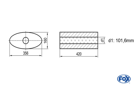 FOX Uni-Schalldämpfer oval ohne Stutzen - Abwicklung 818 356x160mm, d1Ø 101,6mm, Länge: 420mm