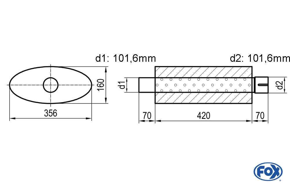 FOX Uni-Schalldämpfer oval mit Stutzen - Abwicklung 818 356x160mm, d1Ø 101,6mm  d2Ø 101,6mm Länge: 420mm