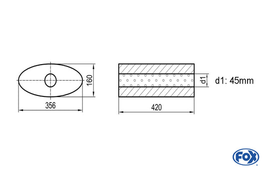 FOX Uni-Schalldämpfer oval ohne Stutzen - Abwicklung 818 356x160mm, d1Ø 45mm, Länge: 420mm