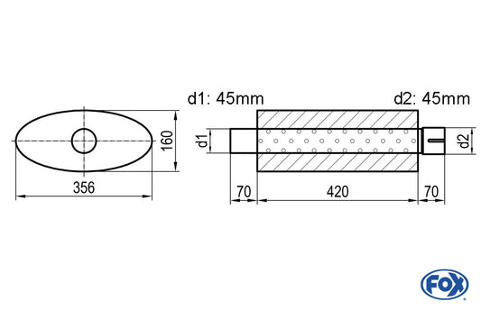 FOX Uni-Schalldämpfer oval mit Stutzen - Abwicklung 818 356x160mm, d1Ø 45mm  d2Ø 45,5mm, Länge: 420mm