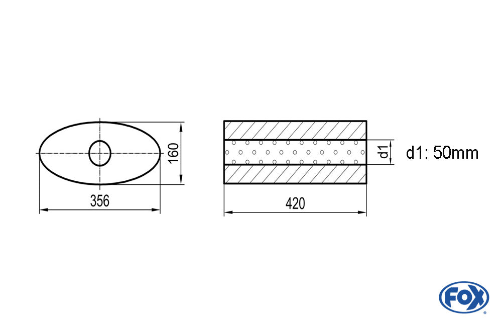 FOX Uni-Schalldämpfer oval ohne Stutzen - Abwicklung 818 356x160mm, d1Ø 50mm, Länge: 420mm