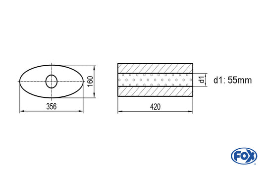 FOX Uni-Schalldämpfer oval ohne Stutzen - Abwicklung 818 356x160mm, d1Ø 55mm, Länge: 420mm