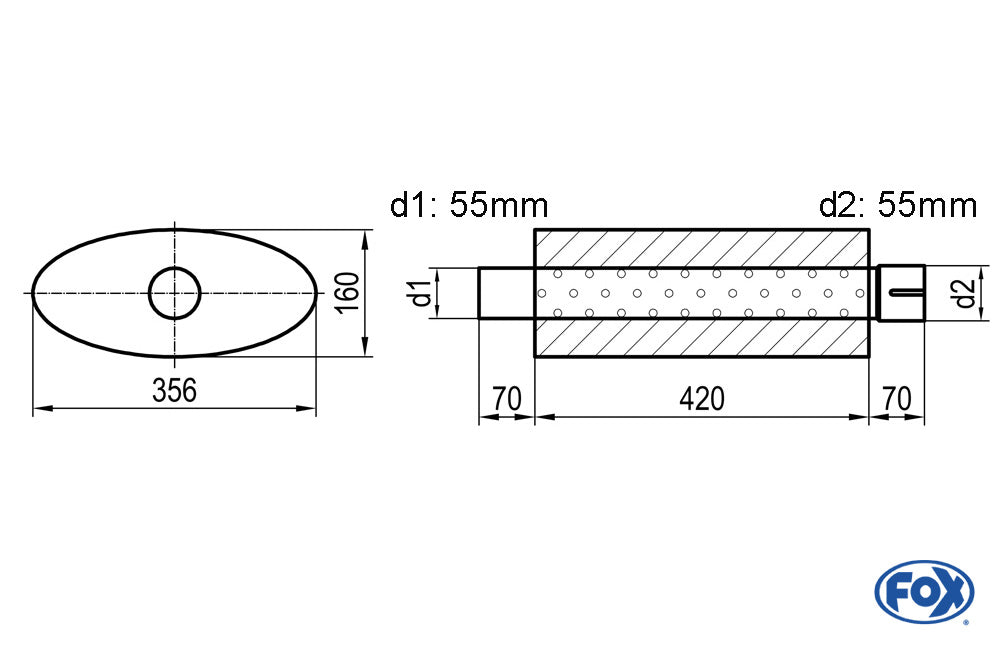 FOX Uni-Schalldämpfer oval mit Stutzen - Abwicklung 818 356x160mm, d1Ø 55mm  d2Ø 55,5mm, Länge: 420mm