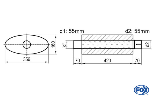 FOX Uni-Schalldämpfer oval mit Stutzen - Abwicklung 818 356x160mm, d1Ø 55mm  d2Ø 55,5mm, Länge: 420mm