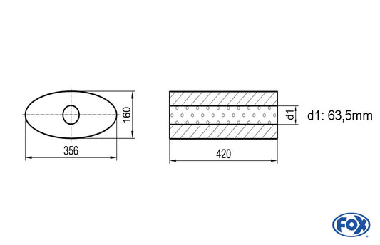 FOX Uni-Schalldämpfer oval ohne Stutzen - Abwicklung 818 356x160mm, d1Ø 63,5mm, Länge: 420mm