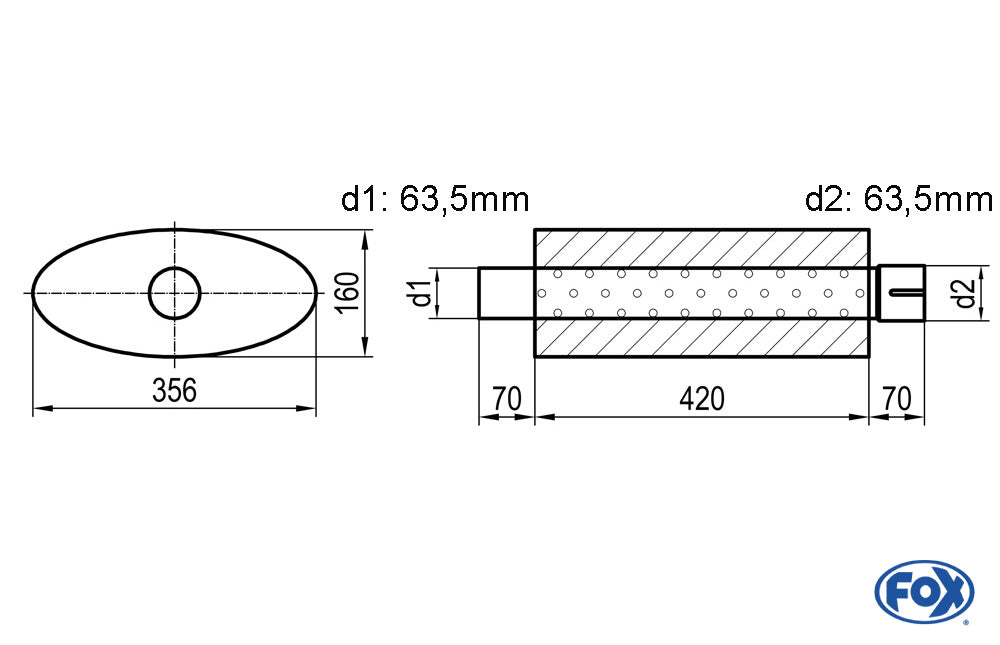 FOX Uni-Schalldämpfer oval mit Stutzen - Abwicklung 818 356x160mm, d1Ø 63,5mm  d2Ø 64mm, Länge: 420mm