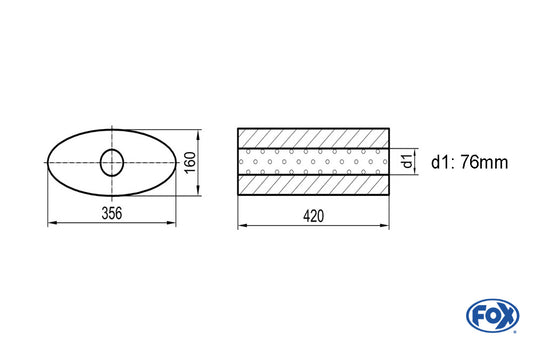 FOX Uni-Schalldämpfer oval ohne Stutzen - Abwicklung 818 356x160mm, d1Ø 76mm, Länge: 420mm