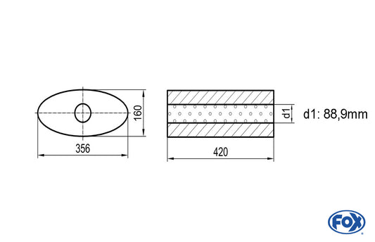 FOX Uni-Schalldämpfer oval ohne Stutzen - Abwicklung 818 356x160mm, d1Ø 88,9mm, Länge: 420mm