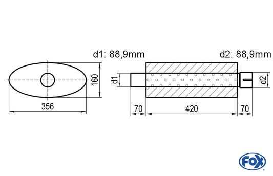 FOX Uni-Schalldämpfer oval mit Stutzen - Abwicklung 818 356x160mm, d1Ø 88,9mm  d2Ø 88,9mm Länge: 420mm