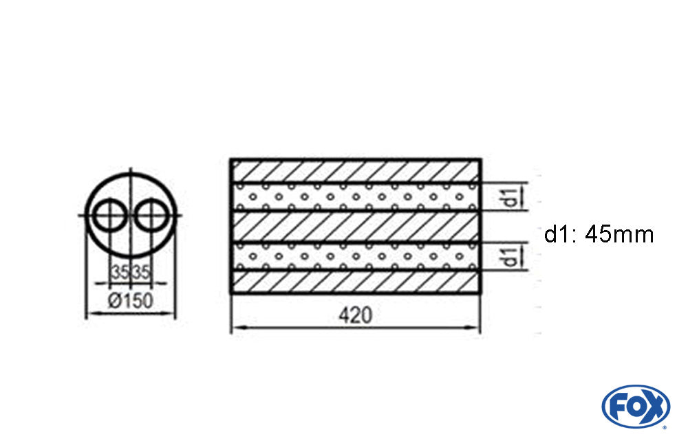 FOX Uni-Schalldämpfer rund zweiflutig - Abwicklung 466 Ø150, d1Ø 45mm, Länge: 420mm