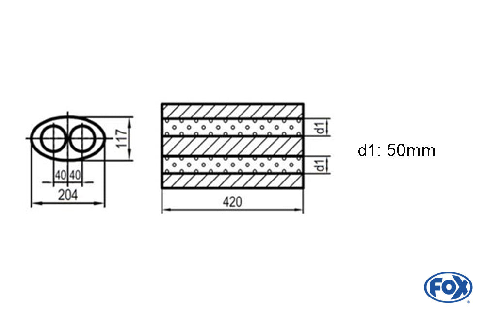 FOX Uni-Schalldämpfer oval zweiflutig - Abwicklung 525 204x117mm, d1Ø 50mm, Länge: 420mm