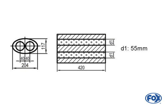 FOX Uni-Schalldämpfer oval zweiflutig - Abwicklung 525 204x117mm, d1Ø 55mm, Länge: 420mm