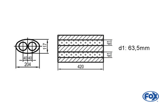 FOX Uni-Schalldämpfer oval zweiflutig - Abwicklung 525 204x117mm, d1Ø 63,5mm, Länge: 420mm