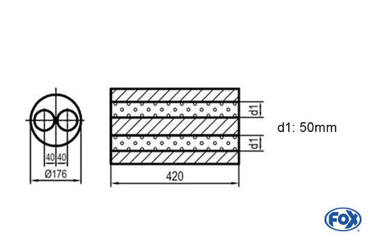 FOX Uni-Schalldämpfer rund ohne Stutzen - Abwicklung 556 Ø176mm, zweiflutig d1Ø 50mm, Länge: 420mm -Ø 176mm