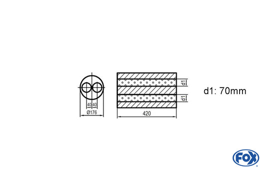 FOX Uni-Schalldämpfer rund ohne Stutzen - Abwicklung 556 Ø176mm, zweiflutig d1Ø 70mm, Länge: 420mm -Ø 176mm