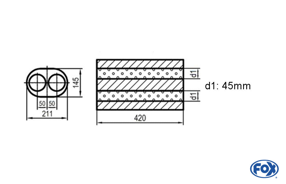 FOX Uni-Schalldämpfer oval zweiflutig - Abwicklung 585 211x145mm, d1Ø 45mm, Länge: 420mm