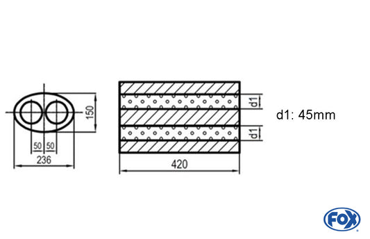 FOX Uni-Schalldämpfer oval zweiflutig - Abwicklung 618 236x150mm, d1Ø 45mm, Länge: 420mm