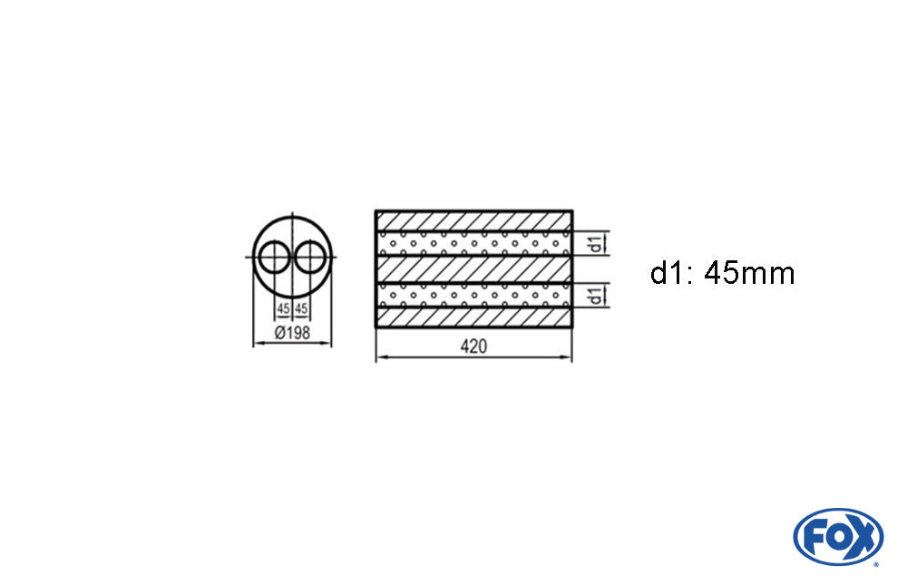 FOX Uni-Schalldämpfer rund zweiflutig - Abwicklung 626 Ø 198mm, zweiflutig, d1Ø 45mm, Länge: 420mm -Ø 198mm