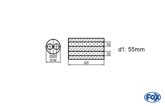 FOX Uni-Schalldämpfer rund zweiflutig - Abwicklung 626 Ø 198mm, zweiflutig, d1Ø 55mm, Länge: 420mm -Ø 198mm