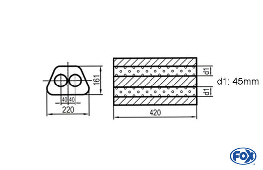 FOX Uni-Schalldämpfer Trapezoid zweiflutig - Abwicklung 644 220x161mm, d1Ø 45mm, Länge: 420mm