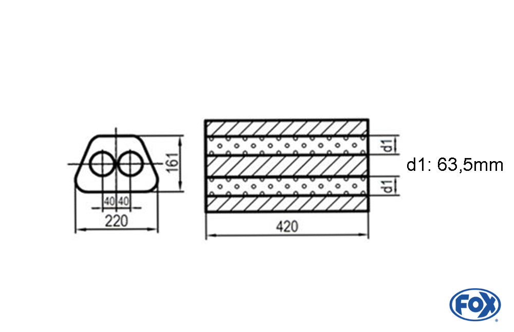 FOX Uni-Schalldämpfer Trapezoid zweiflutig - Abwicklung 644 220x161mm, d1Ø 63,5mm, Länge: 420mm