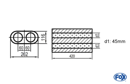 FOX Uni-Schalldämpfer oval zweiflutig - Abwicklung 650 262x116mm, d1Ø 45mm, Länge: 420mm