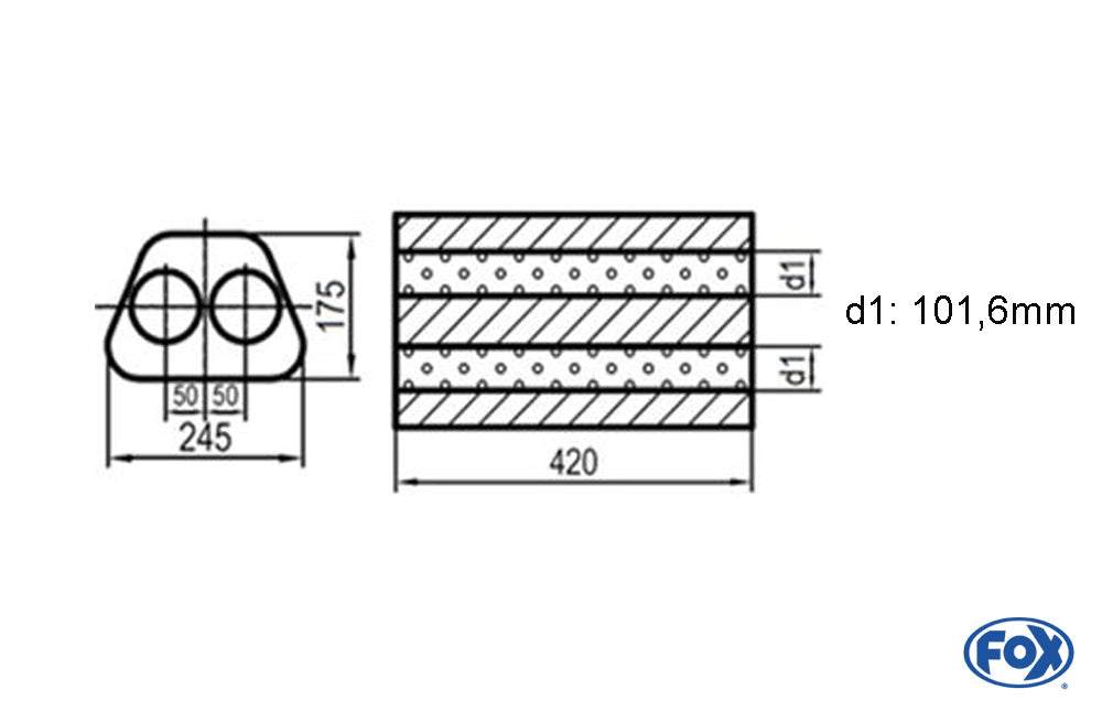 FOX Uni-Schalldämpfer Trapezoid zweiflutig - Abwicklung 711 245x175mm, d1Ø 101,6mm  außen -, Länge: 420mm