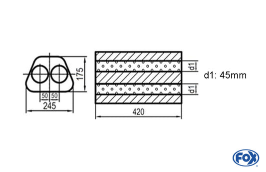 FOX Uni-Schalldämpfer Trapezoid zweiflutig - Abwicklung 711 245x175mm, d1Ø 45mm außen -, Länge: 420mm