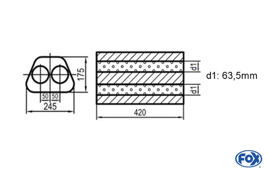 FOX Uni-Schalldämpfer Trapezoid zweiflutig - Abwicklung 711 245x175mm, d1Ø 63,5mm  außen -, Länge: 420mm