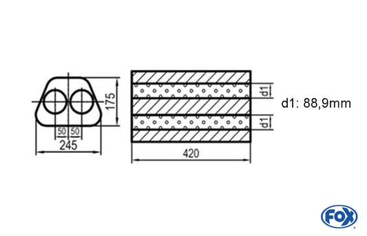 FOX Uni-Schalldämpfer Trapezoid zweiflutig - Abwicklung 711 245x175mm, d1Ø 88,9mm  außen -, Länge: 420mm