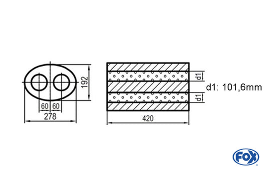 FOX Uni-Schalldämpfer oval zweiflutig - Abwicklung 754 278x192mm, d1Ø 101,6mm  außen -, Länge: 420mm